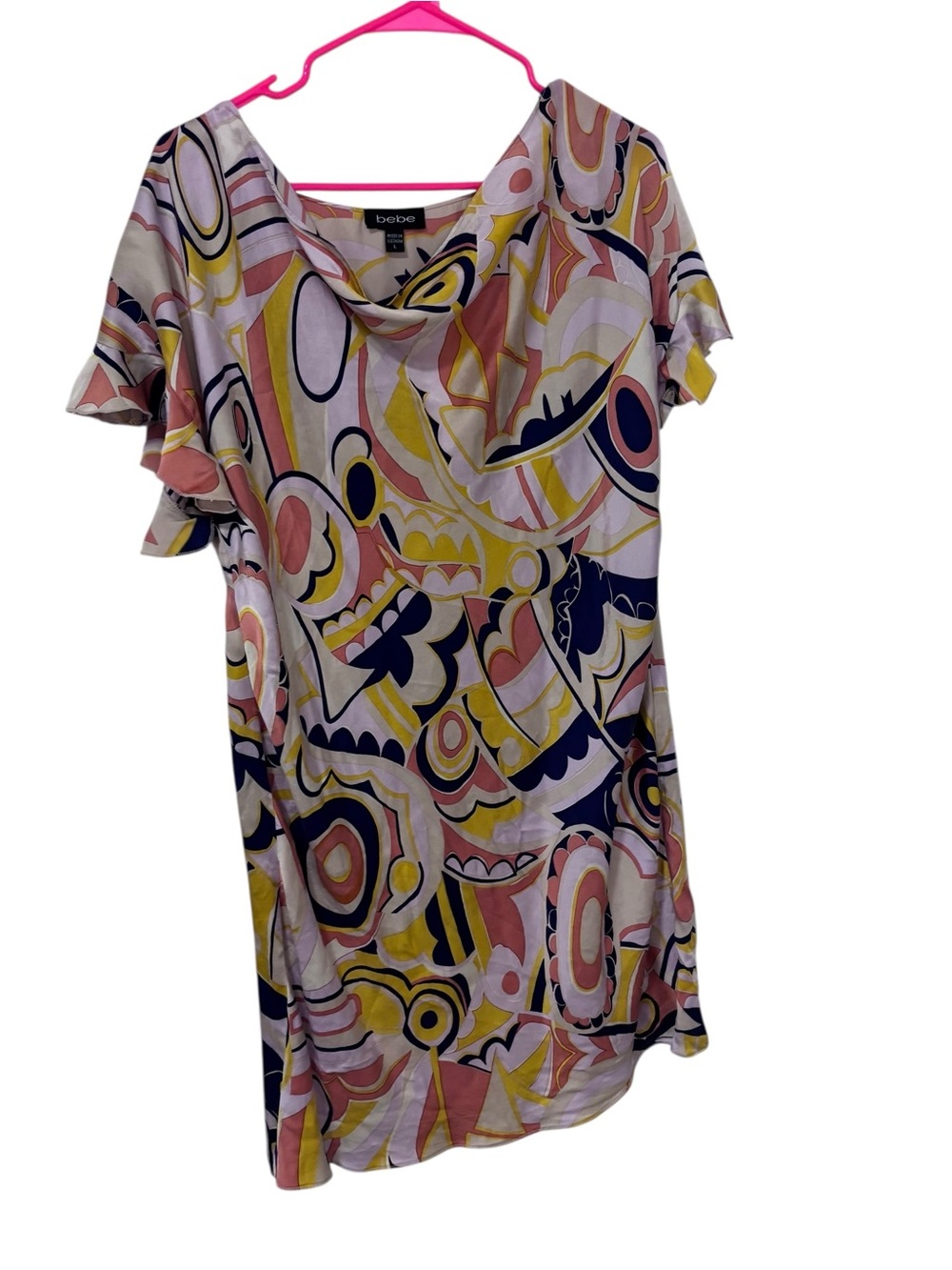 bebe 70s retro print Cowl Neck 100% silk shirt dress size L